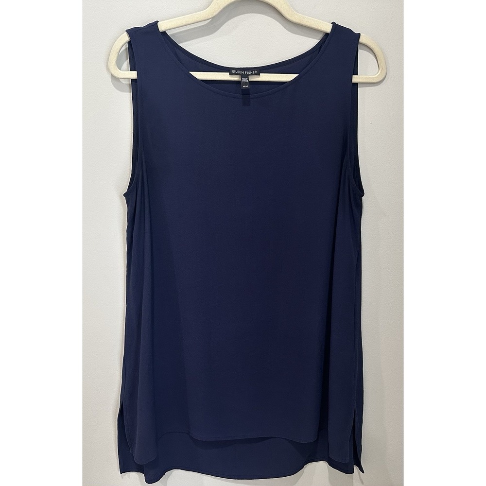 Eileen Fisher M 100% Silk High Low Tank Top Tunic Navy Blue Quiet Luxury